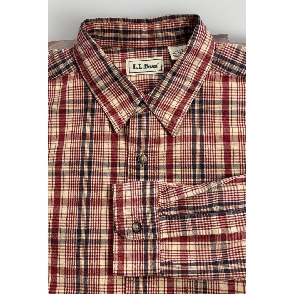 LL Bean Men's Plaid Shirt Red 100% Cotton Traditional Fit Button Down Large TALL